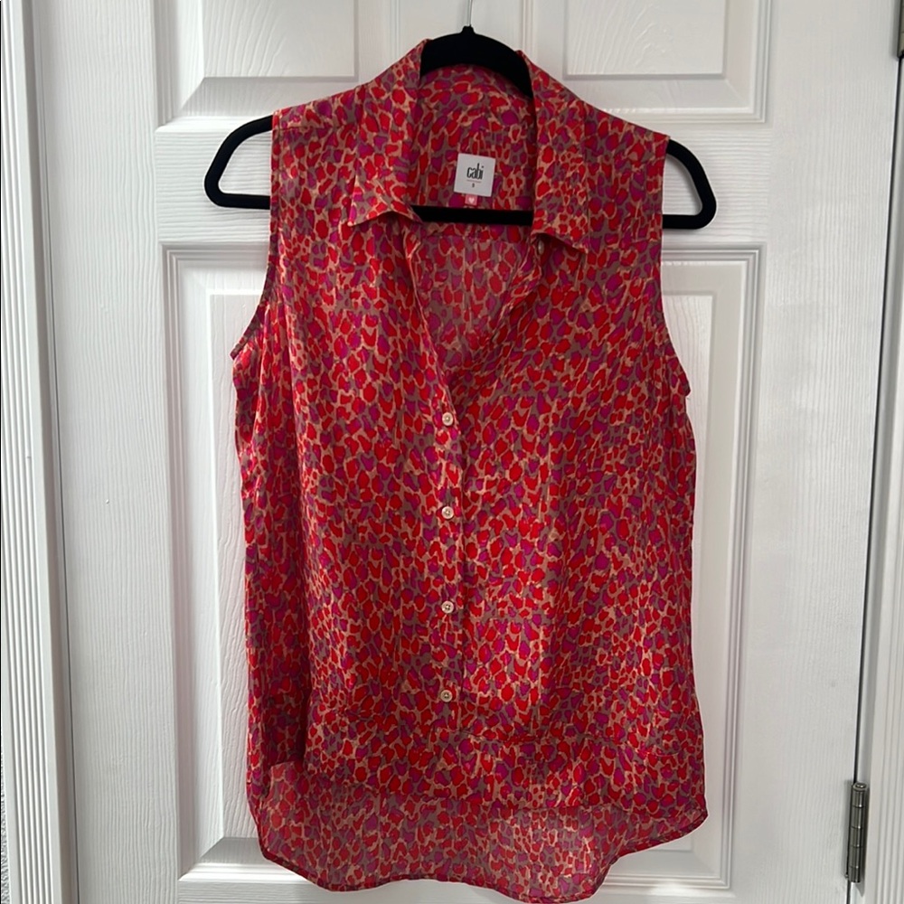 CAbi Red Button Down Blouse with Notched Collar